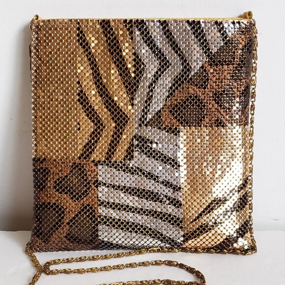 VINTAGE 70s Disco Gold Metal Mesh Bag Chain Crossbody Animal Print Retro Groovy - Picture 1 of 13